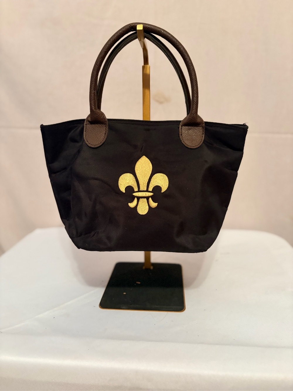 Black Tote Bag with Gold Fleur-de-Lis Accent